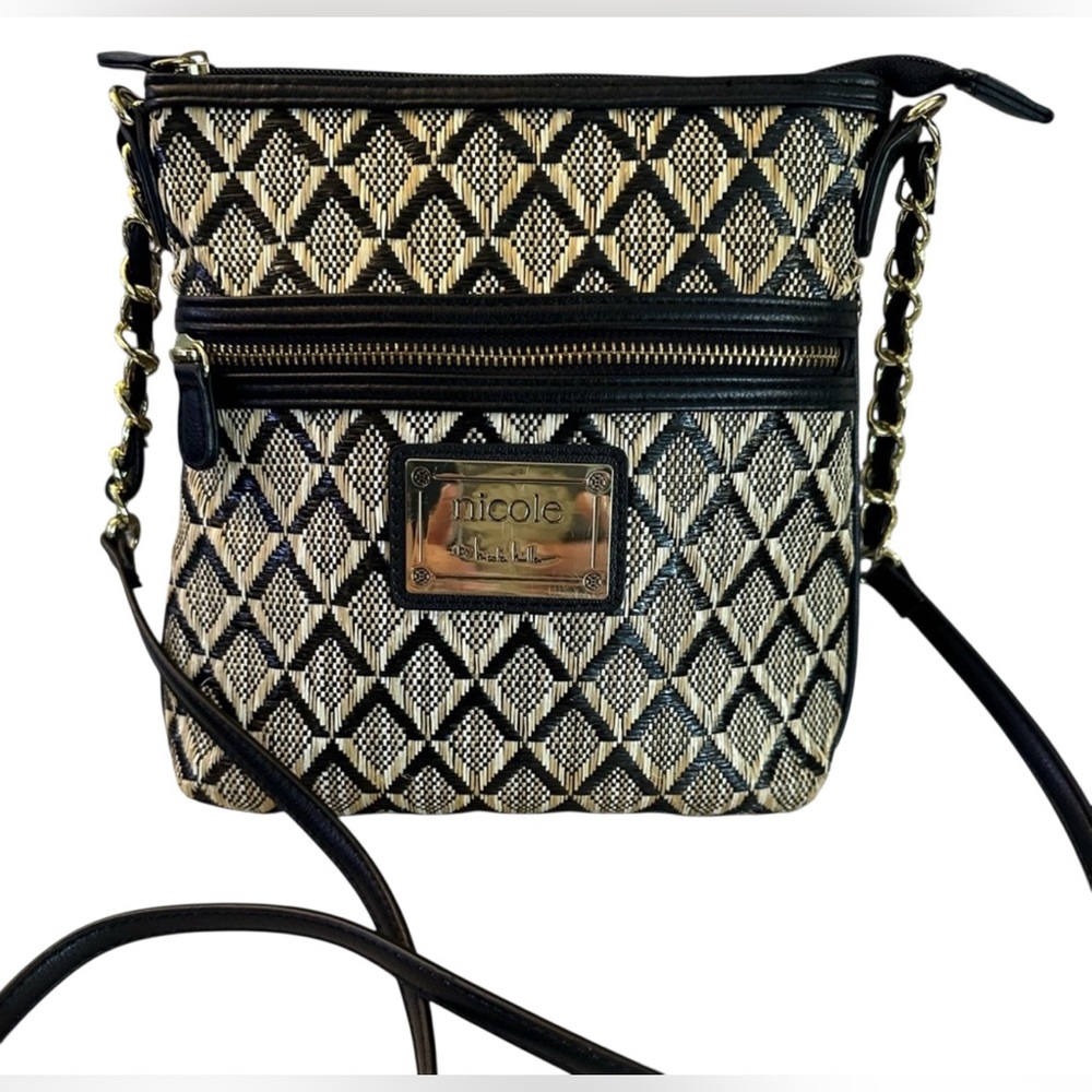 Nicole Miller Crossbody Bag Black, Cream, Pink, Gold Hardware, leather strap NWT